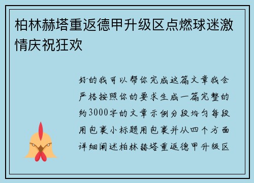 柏林赫塔重返德甲升级区点燃球迷激情庆祝狂欢
